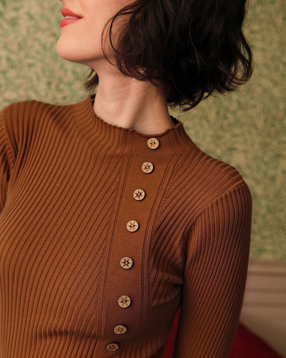 Caramel Mock Neck Ribbed Knit Tee