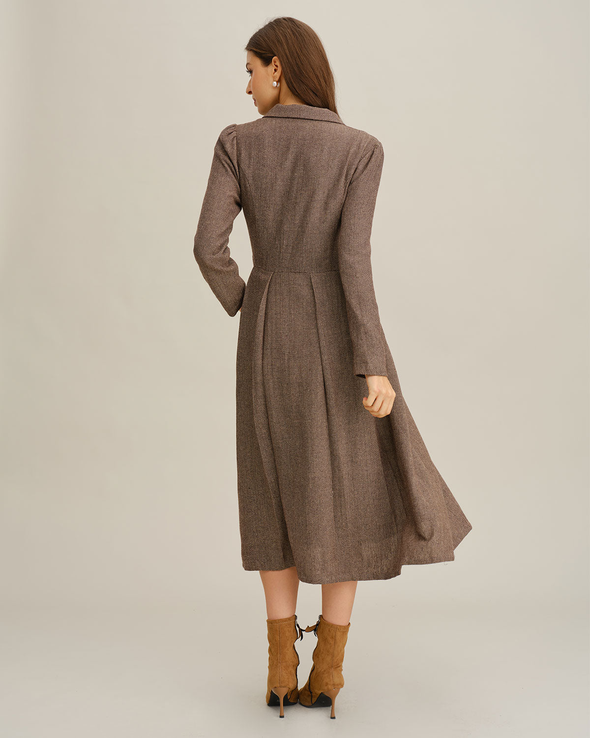 Brown A-Line Pleated Midi Dress