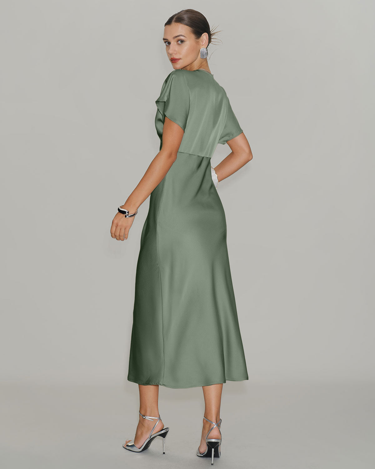 Green Satin V Neck A-Line Midi Dress